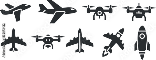 Silhouette vector icon set featuring various aircraft including airplanes, drones, and rockets for travel and technology design projects