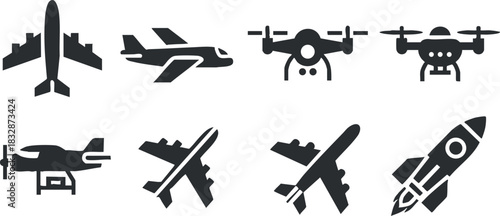 Vector icon set featuring various aircraft and drones in a modern flat design for aviation and technology projects