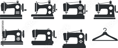 Set of minimalist black silhouette vector icons featuring sewing machines and a hanger, ideal for fashion and craft projects