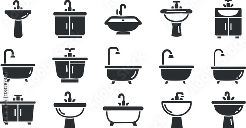 Collection of modern black and white vector icons depicting various bathroom sinks and vanities for interior design projects