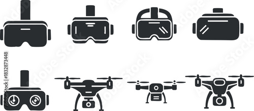 Flat vector illustration set of black and white drone and virtual reality goggles for technology and gaming concepts