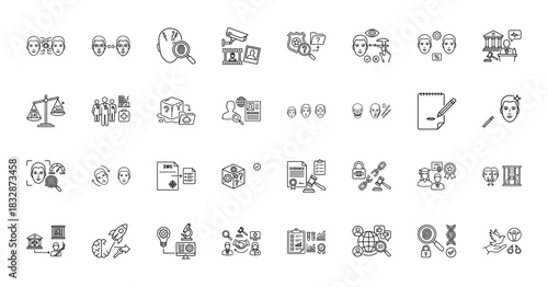 Forensic science and law line icon set. Vector pictograms of face recognition, evidence, magnifying glass, and fingerprint, thin linear illustration.