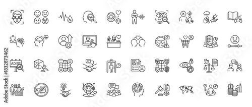 Psychology and sentiment analysis line icon set. Vector pictograms of brain, emotion, face scan, robot, empathy, therapy, logic, feedback, ethics, thin linear illustration.