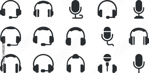 Flat design vector icon set featuring various styles of headsets and microphones for technology and audio applications
