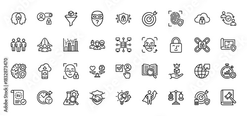 Cyber security and personal data protection line icon set. Vector pictograms of fingerprint, target, lock, and face scan, thin linear illustration.