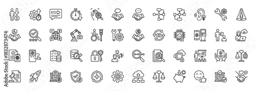 Business and technology line icon set. Vector pictograms of handshake, gear, data, finance, and security, thin linear illustration.