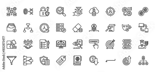 Data privacy and security line icon set. Vector pictograms of fingerprint, encryption, consent, delete, and filtering, thin linear illustration.