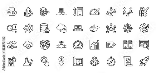 Technology and devops line icon set. Vector pictograms of server, cloud, pipeline, database, network, security, analytics, api, and container, thin linear illustration.