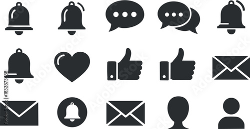 Minimalist black and white vector icon set featuring communication symbols such as bells, chat bubbles, hearts, and emails for digital interfaces