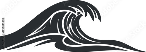 Stylized black and white vector illustration of a wave, ideal for beach-themed branding and design projects