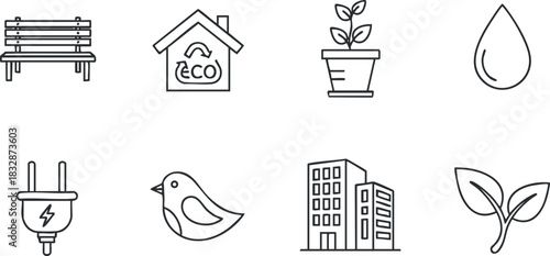 Collection of minimalist outline vector icons representing eco-friendly concepts such as nature, energy, and urban living