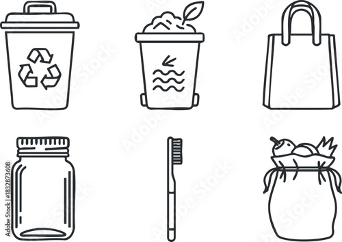 Minimalist outline vector icon set featuring recycling bin, disposable cup, shopping bag, jar, toothbrush, and trash bag for eco-friendly themes