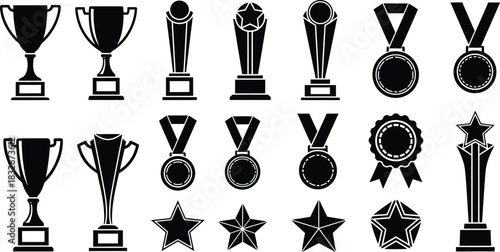 Collection of black silhouette icons representing various award trophy cup medal and star achievement symbol