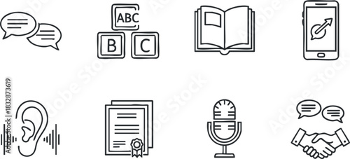 Minimalist outline vector icon set representing communication, education, and technology concepts for digital and print projects