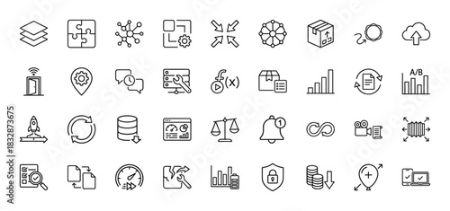 Business and technology line icon set. Vector pictograms of data layers, puzzle, optimization, scaling, analysis, and security, thin linear illustration.