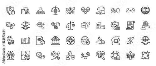 Legal and compliance line icon set. Vector pictograms of security shield, scale of justice, contract, law, data protection, and global regulation, thin linear illustration.