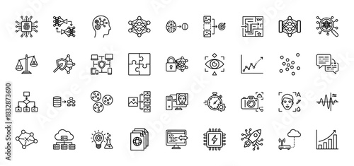 Artificial intelligence line icon set. Vector pictograms of machine learning, neural network, brain, algorithm, face recognition and cloud, thin linear illustration.