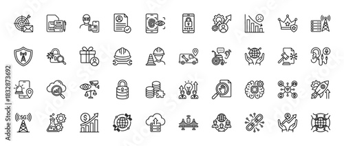Technology and security line icon set. Vector pictograms of networking, mobile devices, data protection, and innovation, thin linear illustration.