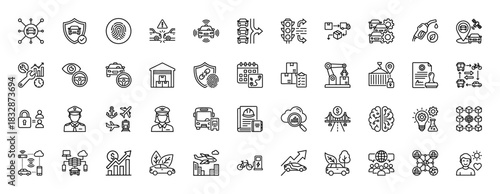 Smart city and transportation line icon set. Vector pictograms of autonomous vehicle, traffic, logistics, electric car, delivery and navigation, thin linear illustration.