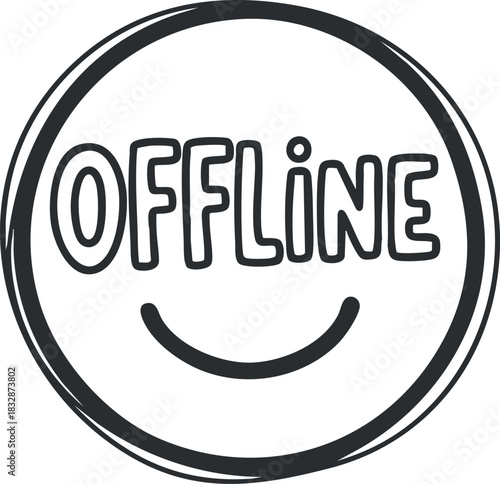 Playful vector illustration of an offline status symbol featuring a smiling face and bold text design