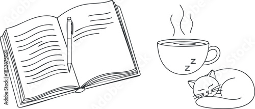 Minimalist line art vector illustration of a book, coffee cup, and sleeping cat for cozy home or study themes