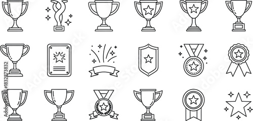 Set of black and white line art icons representing various achievement awards like trophy, medal, shield, and star