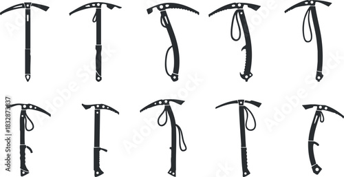 Silhouette vector icon set showcasing various ice axes designed for mountaineering and climbing activities in a minimalist style