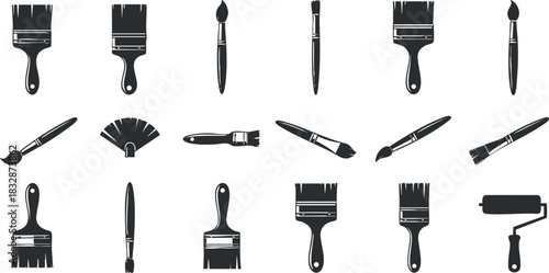 Vector icon set featuring various painting tools including brushes, rollers, and palettes for art and design projects