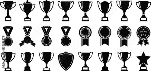 Collection of black silhouette icons representing various trophy, award, medal, and shield shapes