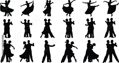 Collection of black silhouette icons depicting various ballroom and latin dance couple poses