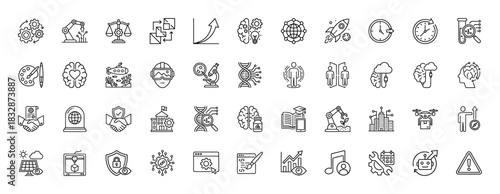 Technology and innovation line icon set. Vector pictograms of robotics, artificial intelligence, science, and smart city, thin linear illustration.