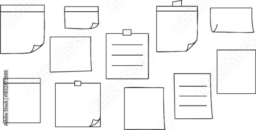Outline vector illustration of a collection of sticky notes and memos for office organization and planning purposes