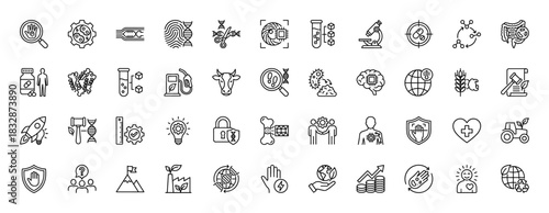 Biotechnology and engineering line icon set. Vector pictograms of dna, science, genetics, nature, and technology, thin linear illustration.