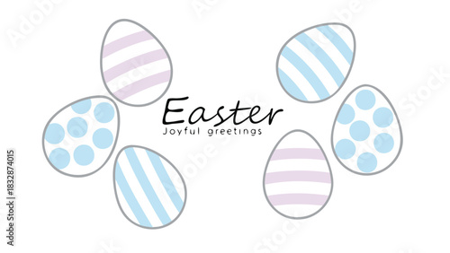 Happy easter greeting card with pastel colored decorative eggs featuring stripes and polka dots on a white background with text