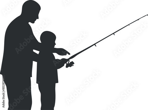 Silhouette vector illustration of a father and son fishing together, depicting a bonding moment in nature.