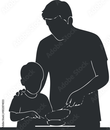 Silhouette vector illustration of a father and son cooking together in the kitchen, symbolizing family bonding and learning.
