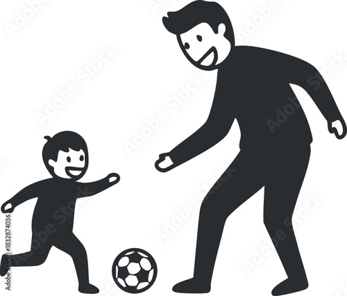 Playful black and white vector illustration of a father and son enjoying a game of soccer together