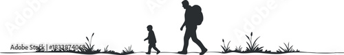 Silhouette vector illustration of a father and child hiking together in nature, perfect for outdoor adventure themes and family bonding.