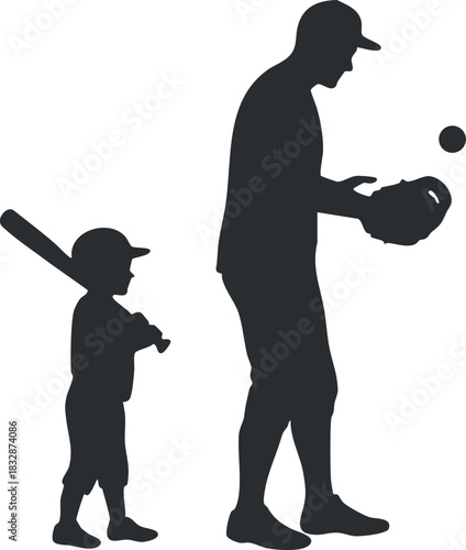 Silhouette vector illustration of a baseball coach and young player practicing batting techniques for sports training and development