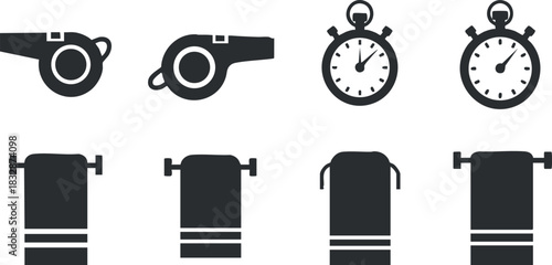 Minimalist black and white vector icon set featuring sports whistle, stopwatch, and towel for fitness and training design projects