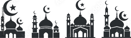 Silhouette vector icon set showing various mosque designs with crescent moon and star symbols for cultural and religious themes