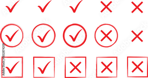 Set of red check mark and cross symbols in different styles