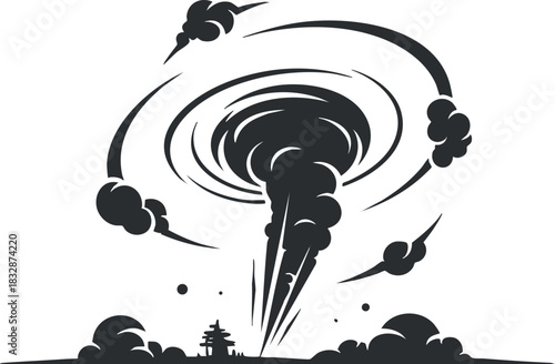Dynamic black and white vector illustration of a tornado swirling with clouds, suitable for weather-related design projects.