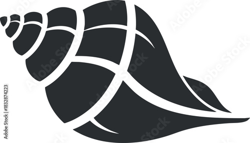 Stylized black silhouette vector illustration of a seashell, ideal for marine-themed design projects and coastal decor.