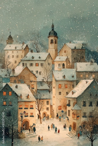 Whimsical winter town with pastel houses, starry sky and glowing Christmas decorations