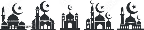 Silhouette vector illustration set of Islamic mosques with crescent and star symbols for cultural and religious design projects