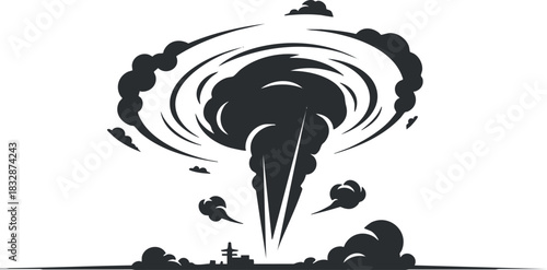 Stylized black and white vector illustration of a nuclear explosion cloud, ideal for disaster awareness and graphic design projects