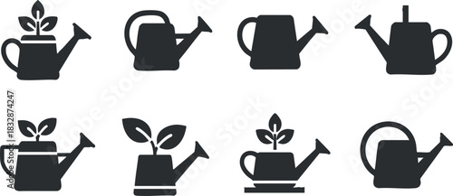 Set of minimalist black and white vector illustrations of watering cans with plants for gardening projects and eco-friendly design