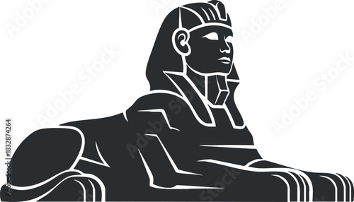 Stylized black and white vector illustration of a Sphinx, representing ancient Egyptian culture and architecture
