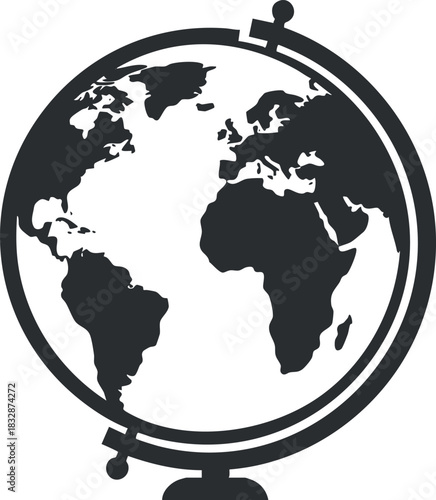 Stylized black and white vector illustration of a globe representing geographical features and global exploration concepts